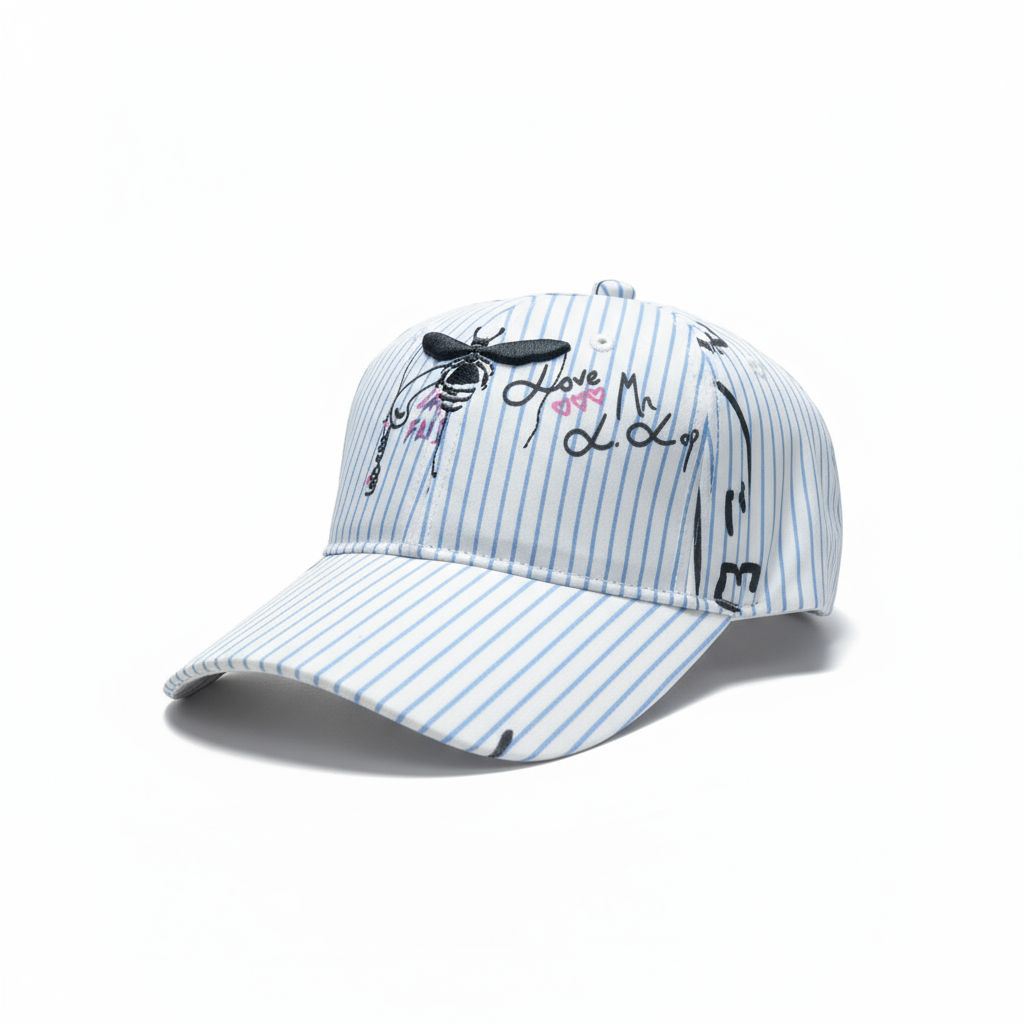Pinstripe Baseball Cap with Doodle Graphics