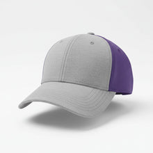 Load image into Gallery viewer, Two-Tone Structured Trucker Hat in Heather Gray and Royal Purple.
