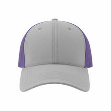 Load image into Gallery viewer, Two-Tone Structured Trucker Hat in Heather Gray and Royal Purple.
